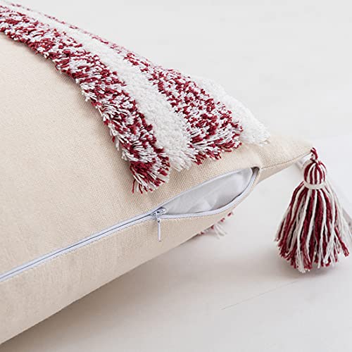 Boho Lumbar Throw Pillow Cover Tufted Woven Decorative Pillowcase with Tassel Rectangle Farmhouse Stripe Cushion Cover for Sofa Bed Living Room (Wine Red,12x20 Inch) - color: Wine Red, size: 20" x 12" (Pack of 1)