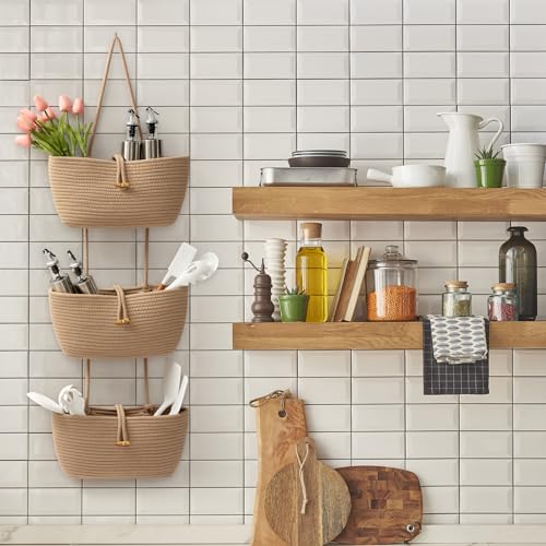 TeoKJ 3-Tier Cotton Rope Baskets with Button Strap Over the Door Wall Hanging Baskets for Nursery, Living Room, Bathroom, Door Storage Organizer for Decoration-Jute - color: Jute, style: 3 tier+Button
