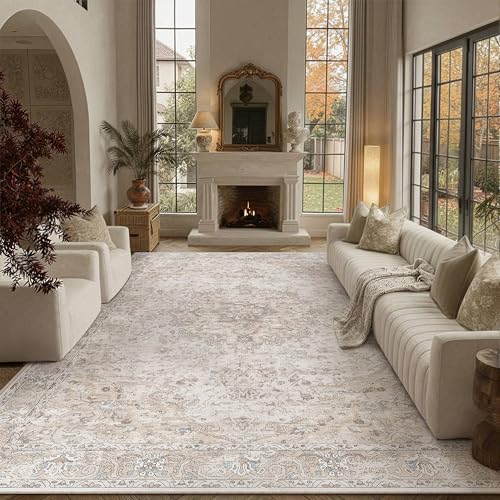 HUGEAR Area Rugs 8x10 Washable Rug for Living Room Bedroom Beige Large Vintage Rug Carpet Low Pile Non Slip No Shedding Soft Durable Indoor Dining Room Home Decor Floor Mat - color: Beige, size: 8' x 10' (Rectangular)