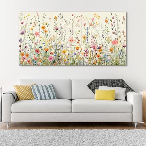 HPINUB Colorful Flower Framed Canvas Wall Art Set, Watercolor Daisy Floral Wall Decor, Wildflower Green Leaf Wall Painting, Multicolour Botanical Art Print for Living Room, Bedroom, Office - 20"x40" - color: Colorful Wildflower Wall Art, size: 40"L x 20"W