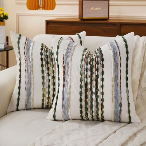 Boho Striped Throw Pillow Covers 18x18 Inch Set of 2 Farmhouse Square Decorative Pillow Covers Chenille Tufted Accent Neutral Pillowcase Green Cushion Cover for Living Room Couch Sofa Bed - color: Green