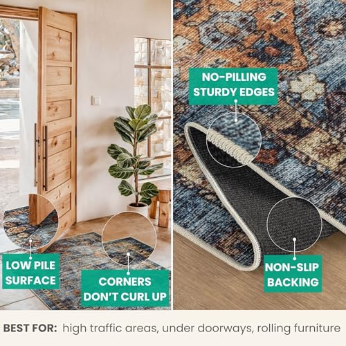 Bloom Rugs Washable Non-Slip 2' x 3' Rug - Blue/Orange Traditional Bordered Area Rug for Living Room, Bedroom, Dining Room, and Kitchen - Exact Size: 2' x 3' - color: Blue / Orange, size: 2' x 3' (Rectangular)