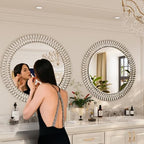 Kelly Miller 36" Large Round Jeweled Wall Mirror, Luxury Diamond Beveled Decorative Mirror for Bedroom Living Room Bathroom Hallway Entryway Fireplace - size: 36"L x 36"W