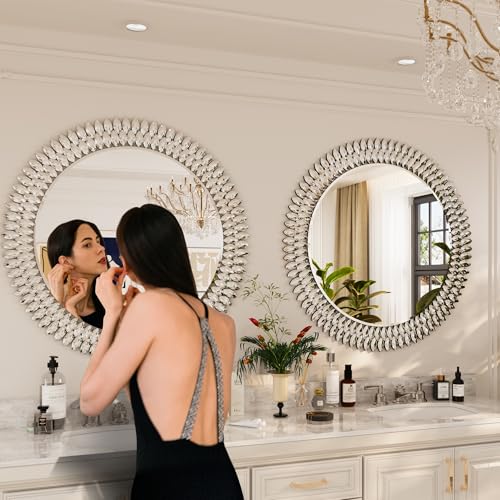 Kelly Miller 36" Large Round Jeweled Wall Mirror, Luxury Diamond Beveled Decorative Mirror for Bedroom Living Room Bathroom Hallway Entryway Fireplace - size: 36"L x 36"W