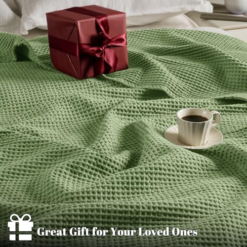 PHF Pre-Washed 100% Cotton Waffle Weave Blanket King Size for Bed,Snag Proof Throw Blanket for Couch Spring Summer Lightweight Breathable,Machine Washable, Home Decor Gift - Loden Green - color: Loden Green, size: King(104" x 90")