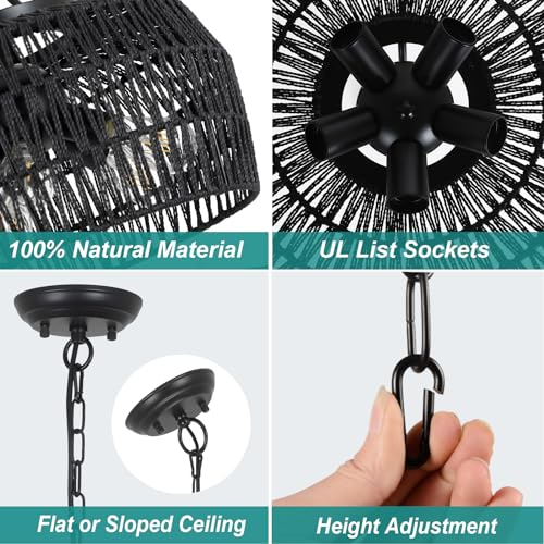HMVPL Black Rattan Chandeliers for Dining Room, 5-Light Farmhouse Chandelier Light Fixture with Wicker Lampshade, Large Boho Coastal Hanging Pendant Lightting for Kitchen Island Bedroom Living Room - color: Black, size: 5-Lights (D)18.1 in
