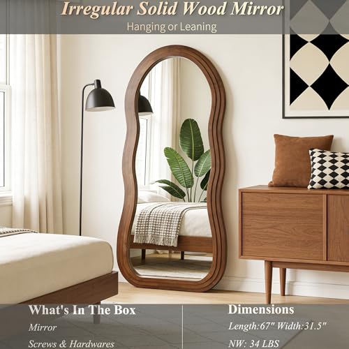 Wavy Full Length Mirror, 67"x31.5" Organic Floor Mirror with Triple-Layer Solid Wood Frame, Large Irregular Aesthetic Mirrors for Entryway Hallway Living Room, Leaning/Wall-Mounted - color: Walnut Wavy Frame, size: 67"L x 31.5"W