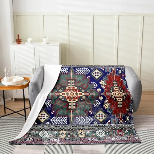Erosebridal Boho Tribal Blanket Queen Inch, Retro Exotic Throw Blanket, Vintage Lattice Arrows Bohemian Fleece Blanket, Blue Green Red Antique Grid Damask Inspired Medallion Egyptian Bed Blanket - color: Multi 02, size: Queen