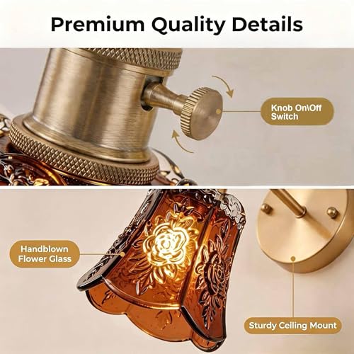 2 Pack Vintage Wall Sconces, Amber Wind Chime Glass Shade Wall Lamp with 2 Natural Light Bulbs, Hardwired Design with Rotary Switch, Decorative Light for Bedroom Hallway Living Room - color: Amber 2pcs Flower Wall Light