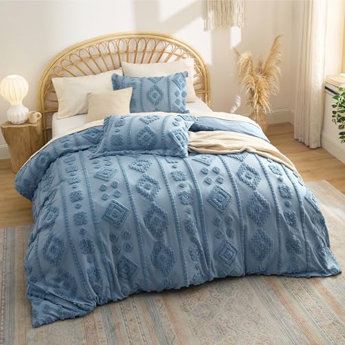 Bedsure Boho Tufted Blue Comforter Set Queen Size, GentleSoft™ 3 Pieces Boho Farmhouse-Style Decor Bedding, Exquisite Bedding for All Seasons, 1 Bed Comforter, 2 Pillow Shams, 90x90 Inches - color: 03 - Distressed Vintage Grayish Blue, size: Queen (90" x
