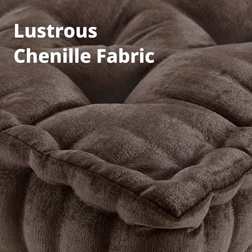 Intelligent Design Floor Pillow - Shredded Foam Filled Meditation & Yoga Cushion, Chenille Tufted, Handsewn Scalloped Edge, Oeko-TEX Certified, Azza, 20" x 20" x 5" Brown - color: Brown