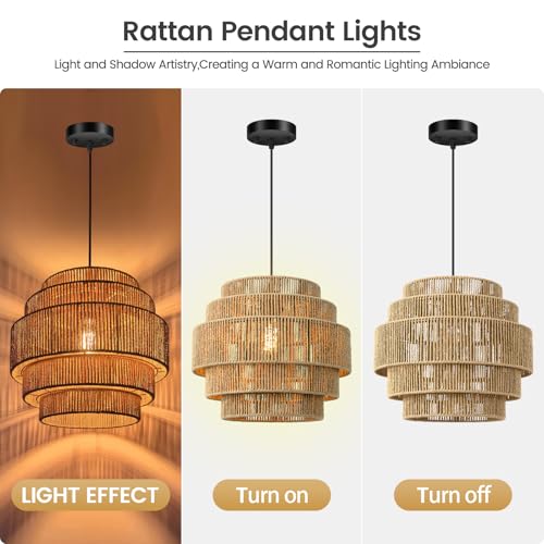 5-Tier Rattan Chandelier Light, 13”Hand Woven Hemp Rope Boho Pendant Light, Large Farmhouse Hanging Lamp for Kitchen Island,Dining Room, Bedroom, Entryway, Foyer, Coastal Decor,Adjustable Cord,Brown - color: Brown-1