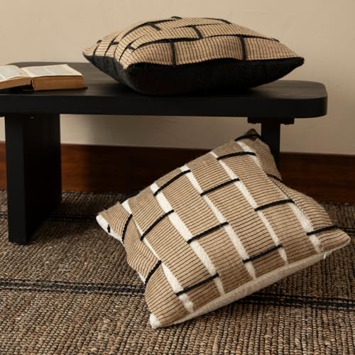 MOCOFO Semi-Handmade Woven Striped Throw Pillow Covers, French Vintage Mid-Century Decorative Cushion Case, Jute & Poly-Cotton Blend for Couch Sofa (Cover Only) (Hemp Pattern-White, 18x18) - color: Hemp Pattern-white, size: 18" x 18" (Pack of 1)