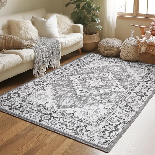 Lessymo 3 x 5 Area Rugs for Living Room- Machine Washable Area Rugs Boho Faux Wool Low Pile Area Rug for Bedroom Floral Medallion Vintage Rugs with Non-Slip Rubber, Kid & Pet Friendly,Grey Beige - color: Grey Beige, size: 3' x 5' (Rectangular)