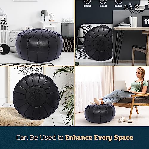 Marrakesh Gallery Genuine Leather Round Pouf Unstuffed - Moroccan Ottoman Footstool, Footrest Cover - Boho Decor - Bohemian Living Room, Bedroom, Kids Room, Gift & Wedding - color: Black By Black