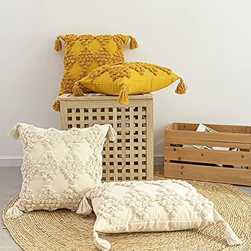 Boho Geometric Throw Pillow Cover Woven Tufted Cushion Cover with Tassel,Canvas Decorative Square Throw Pillowcase for Sofa Couch Bedroom (Yellow,18"×18")