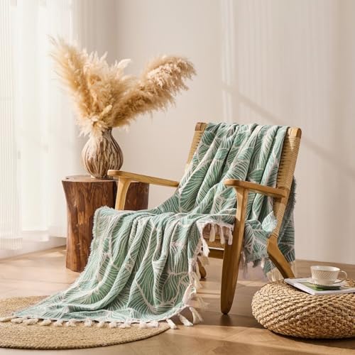 DOWN HOME Chenille Cotton Throw Blanket for Couch, Lightweight Boho Blanket for Bed Sofa Chair Living Room Outdoor Soft Woven Decorative Blanket with Tassel Gift Green Leaves 60"x80" - color: Green, size: 60"x80"