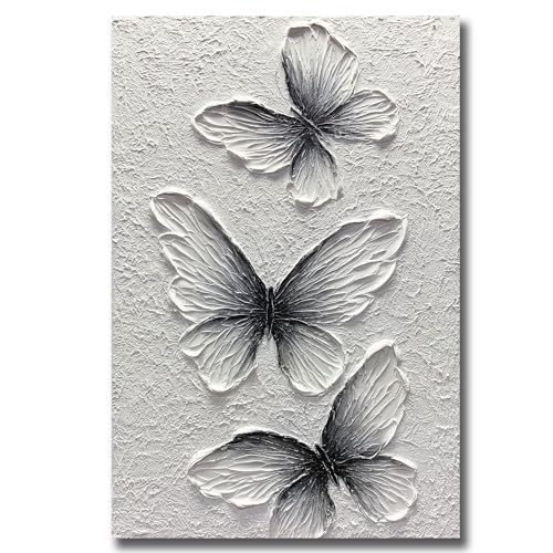 Boiee Art,24x36Inch Handmade Oil Painting Butterfly Wall Art Hand Painted Black and White Canvas Paintings Modern Abstract Home Wall Decorative Art - color: White, size: 24"L x 36"W