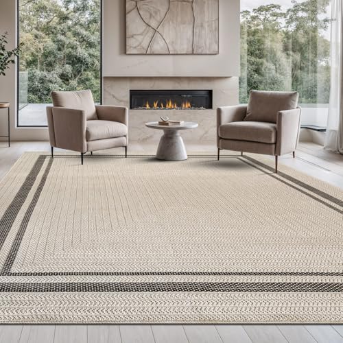 Beverly Rug Easy Jute Bordered Rug 10x14 Washable Large Indoor Outdoor Area Rugs for Living Dining Room Patio Office Stain Resistant Non Shedding Casual Indoor Outside Carpet 10 x 14 Off-White - color: Bordered/Off-white-black, size: 10' x 14' (Rectangula
