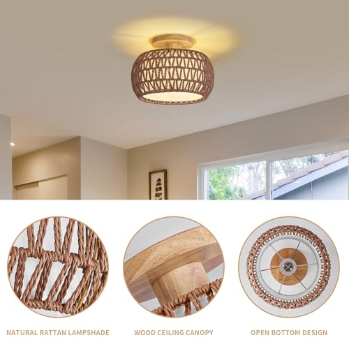 Boho Rattan Ceiling Light Fixture - 3 Style Options Wicker Semi Flush Mount Ceiling Lights,Brown Coastal Light Fixtures,Bohemian Woven Basket Chandelier for Hallway Bedroom Nursery Kitchen Laundry - color: Brown