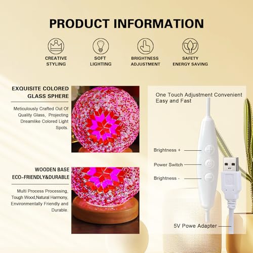 Turkish Bohemian Table Lamp Vintage Stained Glass Globe Light 5V USB Power Dimmable Mosaic Night Lights for Birthday Party Wedding Decoration Bohemian Tiffany Bedside Lamps(Boho-Pink, Boho) - style: Bohemian B Pink