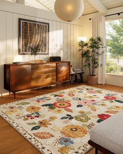 8x10 Area Rugs for Living Room: Washable Rug Non Slip Low Pile Soft Faux Wool Non Shedding Distressed Vintage Floral Large Area Rugs for Bedroom Dining Room Nursery Under Table Farmhouse Home Office - color: Beige Floral, size: 8' x 10' (Rectangular)