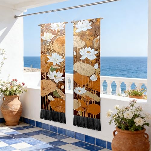 seewan 2 Pack Long Vertical Wall Tapestry, Boho Nature Landscape & Floral Aesthetic Wall Hanging for Bedroom Living Room Home Decor, Long Narrow Art Tapestry with Sunrise Mountain Botanical Designs, 13" × 51" (Autumn Leaf Pattern, 13"Wx51"H, Unframed) - c