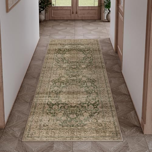2x5 Washable Runner Rug Green Brown Vintage Non Slip Soft Low Pile Hallway Kitchen Rug Distressed Oriental Carpet for Laundry Bathroom Bedroom Living Room Home Decor - color: Green/Brown, size: 2' x 5' (Runner)