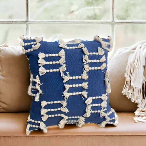 Bohemian Pillow Covers 18x18 Inch Square Modern Rustic Throw Pillow Covers with Tufted Accents for Living Room, Bedroom, Couch, (Blue) - color: Blue