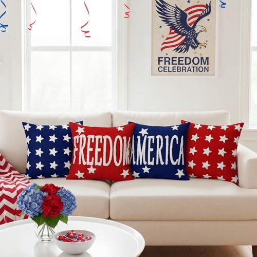 Fourluoo 4 Pcs 4th of July Throw Pillow Covers 18x18 Inch Patriotic Soft Plush Faux Fur Jacquard Cushion Pillow Case Freedom America Red White and Blue Pillowcase for Cushion Case Sofa Couch Decor - style: Patriotic