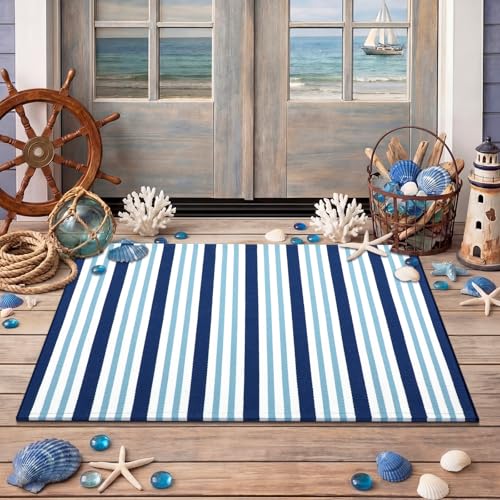 Moucuny Navy White and Blue Striped Rug, 2' x 3' Coastal Navigation Theme Summer Rug Outdoor Front Porch Door Mat Welcome Layering Rustic Washable Doormat for Entryway Farmhouse Decor - color: Navy White Blue, size: 2' X 3', style: Vertical Stripe