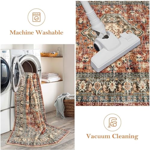 Lahome Oriental Small Area Rug, 2x4 Washable Entryway Rug Non-Slip Ultra-Thin Indoor Door Mat Distressed Throw Carpet for Kitchen Bedroom Eleanor, Brick Red - color: Brick Red, size: 2' x 4' (Rectangular)