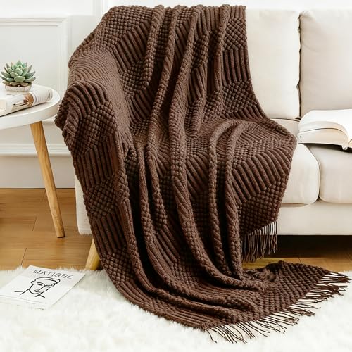 Blagic Knitted Throw Blanket for Couch and Bed, Soft & Cozy Knit Blanket with Tassel, Brown Lightweight Decorative Blankets & Throws, Farmhouse Warm Woven Blanket for All Seasons,50" W x 60" L - color: Brown, size: 50 × 60 in