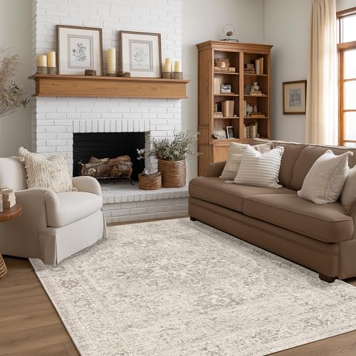FMFUNCTEX 5x7 Washable Area Rug Neutral Vintage Beige Distressed Non Slip Low Pile Traditional Indoor Carpet for Living Room Bedroom Soft Retro Mat Throw Rug for Dining Office Kitchen Dorm Entryway - color: Beige, size: 5' x 7' (Rectangular)