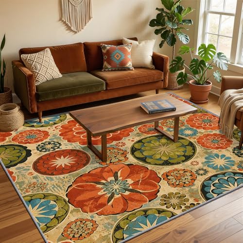 Boho Floral Rugs for Bedroom - Vintage Medallion Floral Rug, 4x5 ft Washable Non-Slip Burnt Orange and Sage Green Area Rug, Rustic Mandala Carpet for Hallway, Retro Bohemian Home Decor & Gifts - color: Burnt Orange Sage Green, size: 4' x 5' (Rectangular)