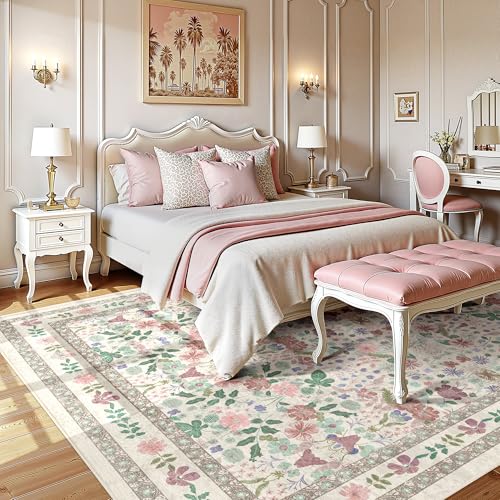 Deerly Large Floral Washable Area Rugs 9x12 for Living Room Vintage Boho Non-Slip Bedroom Carpet Soft Low Pile Thin Floor Mat Indoor for Dining Room Nursery Farmhouse, Beige/Light Pink/Multi - color: Beige/Light Pink/Multi, size: 9' x 12' (Rectangular)