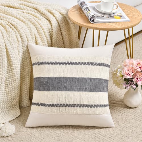 Fancy Homi Set of 2 Neutral Grey Farmhouse Decorative Throw Pillow Covers 16x16 Inch for Couch Bed Chair Indoors, Vintage Country Rustic Retro Room Decor, Soft Thick Cotton Handmade Woven Cushion Case - color: Gray, size: 16" x 16" (Pack of 2)