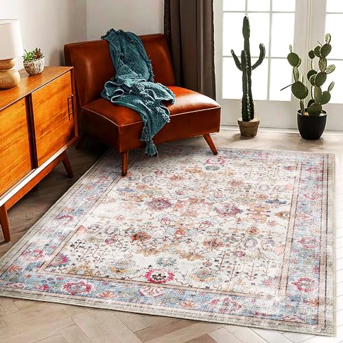 CHAMPLANT 5'x7' Washable Vintage Area Rug Traditional Floor Cover Foldable Kitchen Accent Thin Rug Indoor Distressed Non Slip Carpet Floral Print Mat Bedroom Living Room Bathroom - color: Cyan and Purple, size: 5' x 7' (Rectangular)
