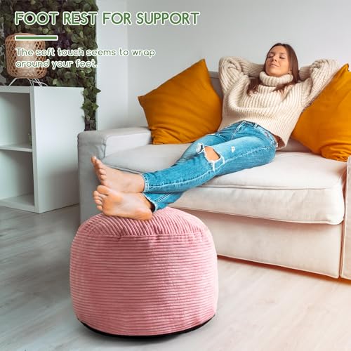 HIGOGOGO Round Stuffed Pouf Ottoman, Corduroy Poufs with Foam Chunk Filling, Furry and Fluffy Pouf Foot Stool Storage Ottoman, 20 X 15 Floor Poufs Foot Rest for Living Room, Pink - color: Pink, size: 20"D x 20"W x 15"H