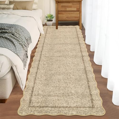 GarveeHome Scalloped Washable Runner Rug 2x6 Runner Modern Kitchen Runner Rug Non Slip Farmhouse Entryway Rug Soft Bathroom Rugs Stain Resistant Carpet for Laundry Bedroom 2 ft x6 ft Jute - color: Jute, size: 2' x 6' (Runner)