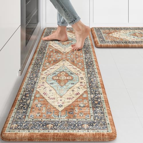 KIMODE Anti Fatigue Kitchen Mat for Floor, Boho Orange Kitchen Rugs Sets of 2, Cushioned Kitchen Floor Mats, Fall Kitchen Rugs Non Slip for Halloween Sink Laundry Desk Home 17"x47"+17"x29" - color: Orange, size: 17.3" x 47 "+ 17.3" x 29 "--0.47 inches