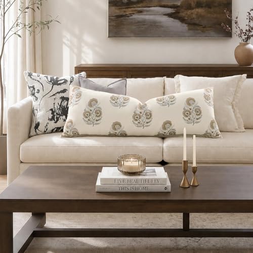 Vintage Floral 14x36 Lumbar Pillow Cover for Bed Pack of 1, Double-Sided Botanical Print Decorative Long Pillowcase Farmhouse Cushion Cover for Sofa Couch Living Bed Room, Light Brown (Cover Only) - color: Light Brown, size: 36" x 14" (Pack of 1)
