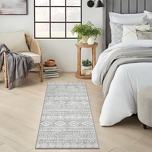 Lahome Runner Rug Non Slip 2x5, Washable Low Pile Laundry Room Rug, Farmhouse Grey Tribal Print with Rubber Backing, Soft Indoor Front Door Carpet Runner for Kitchen Hallway Entry Bathroom Varena - color: Grey/White, size: 2' x 5'