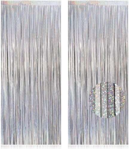 2 Pack Fringe Curtains Backdrops, Foil Fringe Curtains, Door Streamers for Birthday Wedding Bridal Shower Holiday Graduation Party Decorations, Photo Booth Backdrops, Glitter Silver - color: Glitter Silver
