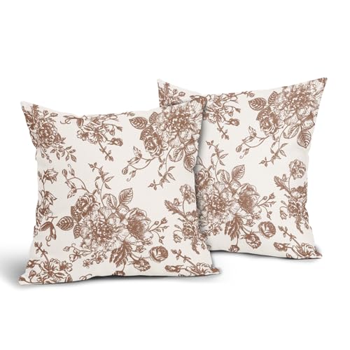 Vintage Floral Pillow Covers 18x18 Inch Set of 2 Dark Brown and Cream Floral Throw Pillow Covers Chinoiserie Flower Pillowcases Rustic Farmhouse Cotton Linen Cushion Covers for Couch Bed Sofa Decor - color: Dark Brown, size: 18" x 18" (Pack of 2)
