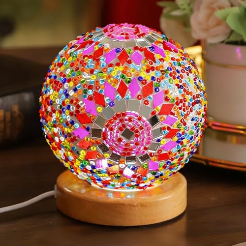 Turkish Moroccan Light Vintage Stained Glass Globe Lamp 5V USB Power Dimmable Bohemian Lights for Kids Room Small Mosaic Night Light Romantic Date Unique Holiday Gift (Boho-Pink, Boho) 4.72"*5.31" - style: Vintage