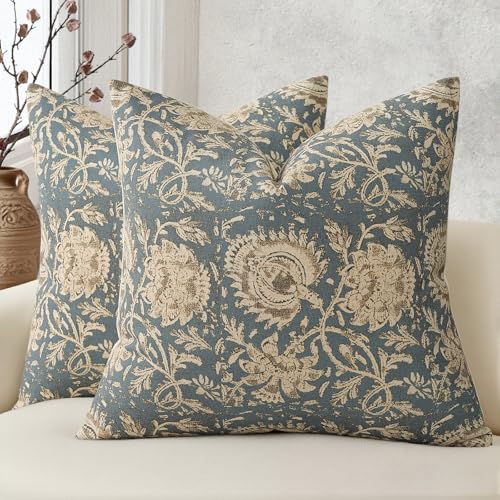 Vintage Floral Print Throw Pillow Covers 22x22 Set of 2 Neutral Modern Farmhouse Accent Decorative Cushion Covers Boho Home Decor for Couch Sofa Chair Bed Living Room, Dusty Blue - color: Dusty Blue, size: 22" x 22" (Pack of 2)