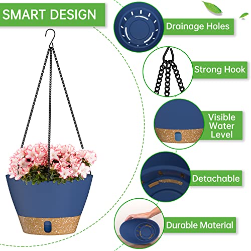 ZMTECH 2 Pack 10 Inch Hanging Baskets for Plants Outdoor Indoor, Modern Blue Planters with Water Level Window & Metal Chain for Balcony Patio Garden Home Decor - color: Blue, size: 10 Inch