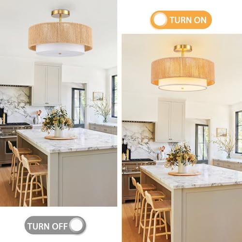 SineRise 16'' Rattan Flush Mount Ceiling Light Fixture,2-Tier Drum Hand-Woven Boho Flush Mount Ceiling Light,Farmhouse Light Fixture for Living Room,Kitchen,Bedroom Foyer Entryway ect. - color: Gold, size: Large Ceiling