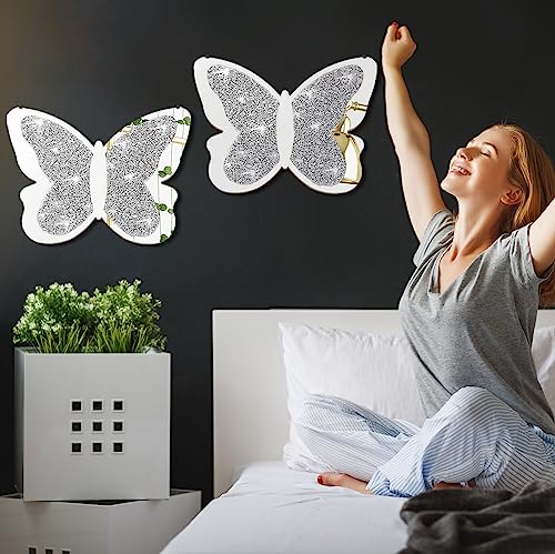 Vesici 2 Pieces Butterfly Shaped Mirror Crystal Crushed Diamond Silver Mirror Silver Wall Decor for Living Room Modern Decorative Artwork for Nursery Wedding Decor(19.69 x 14.57 Inch) - size: 20 x 12.6 Inch